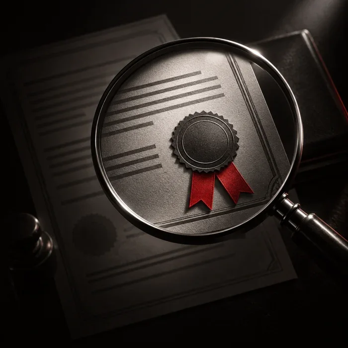 Lente d'ingrandimento su un certificato di licenza di gioco